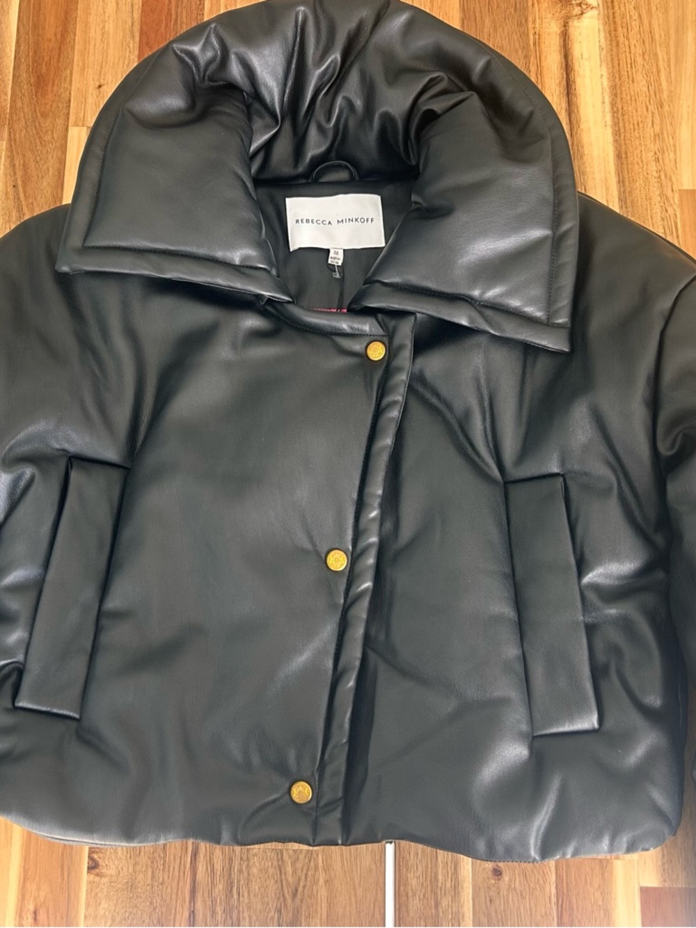 Rebecca Minkoff Black Faux-Leather Puffer Jacket with Gold Buttons